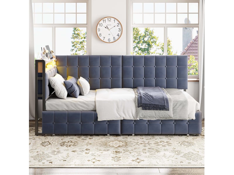 Lit banquette tcqpz 90 x 200 cm avec 2 tiroirs, led, usb et type-c, gris - Conforama B