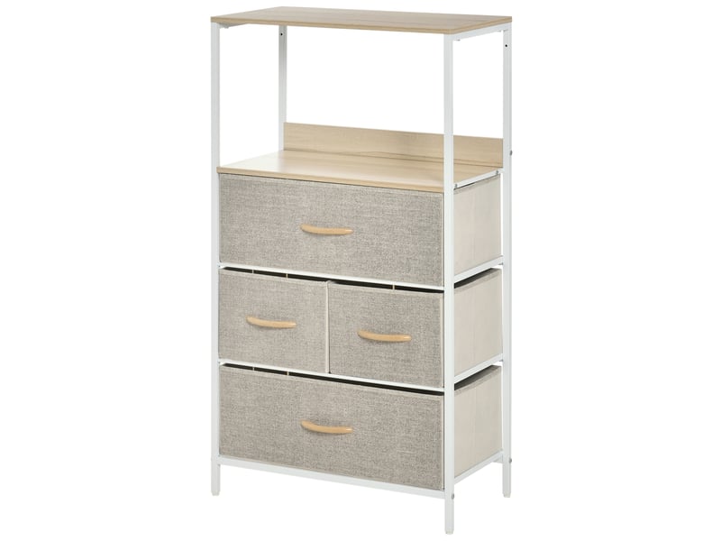  Commode en tissu à 4 tiroirs, compartiment ouvert et structure métallique, idéale pour une chambre ou une entrée, grise.  - Conforama B