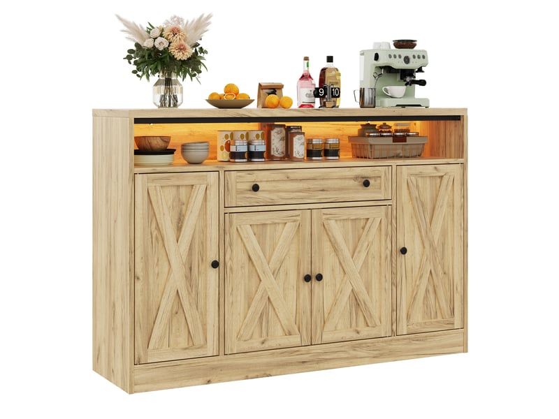  Buffet bas 140x35x95 cm bois naturel avec led rgb, 4 portes style grange, tiroir, étagères de rangement, meuble cuisine salle à manger moderne  - Conforama A