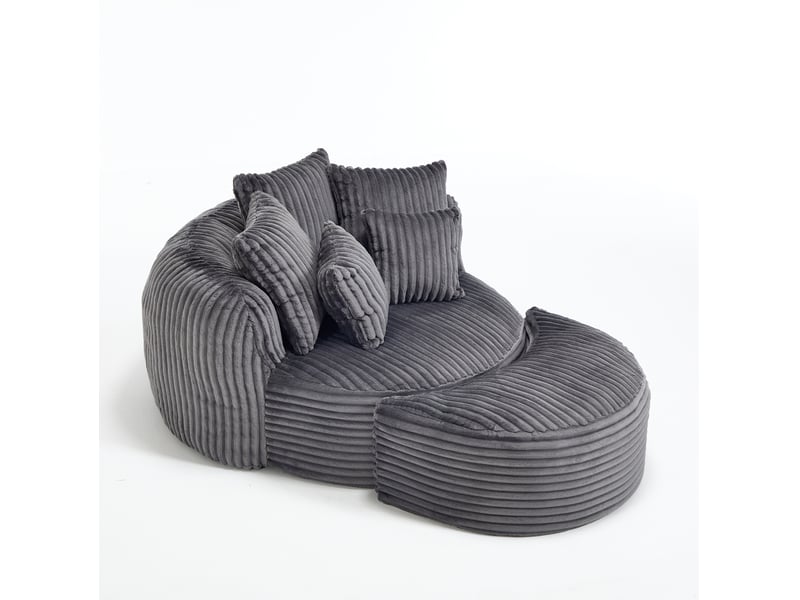  Fauteuil avec repose-pieds rond, dossier et accoudoirs de soutien, cinq coussins, en velours côtelé gris foncé  - Conforama A
