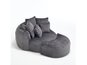 Fauteuil avec repose-pieds rond, dossier et accoudoirs de soutien, cinq coussins, en velours côtelé gris foncé