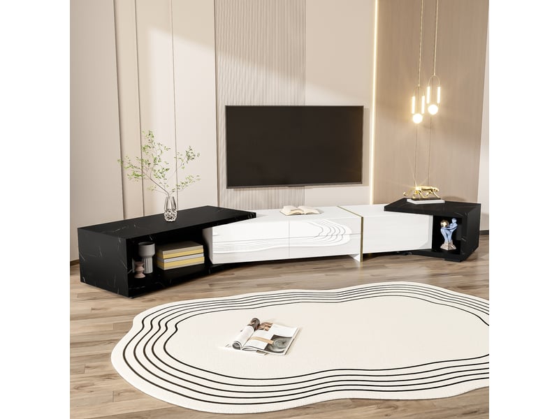  Meuble tv extensible 140–260 cm noir, effet marbre et blanc brillant, détails dorés, design moderne  - Conforama E