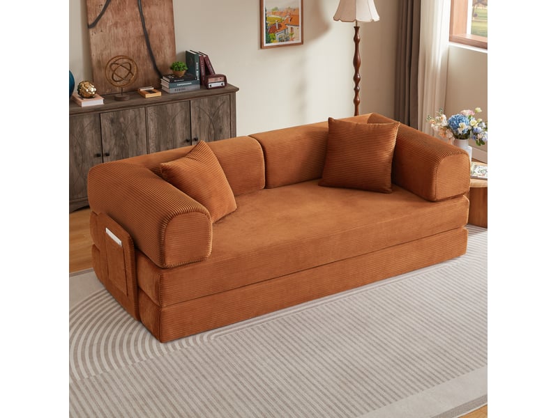  Canapé convertible modenvie 3 places en velours côtelé terracotta 204 x 97 x 65 cm avec 2 coussins  - Conforama D