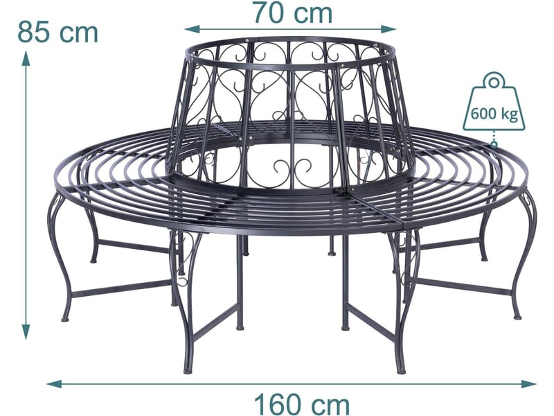  Banc d'arbre rond vintage romantique jardin 85 x 160 x 160 cm assise pour plusieurs personnes en acier noir 13_0018851  - Conforama B