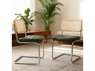 Lot de 4 chaises de salle à manger, dossier en rotin, pieds en acier chromé, vert