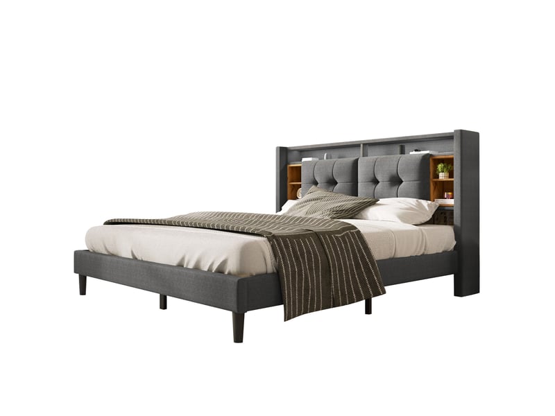  Lit rembourré 140x200 cm avec tête de lit rangement, LED et prises USB, lit double avec sommier à lattes - Gris (Sans matelas) Fay Lum - Conforama A