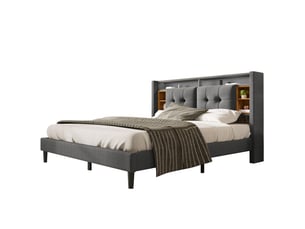 Lit rembourré 140x200 cm avec tête de lit rangement, LED et prises USB, lit double avec sommier à lattes - Gris (Sans matelas)