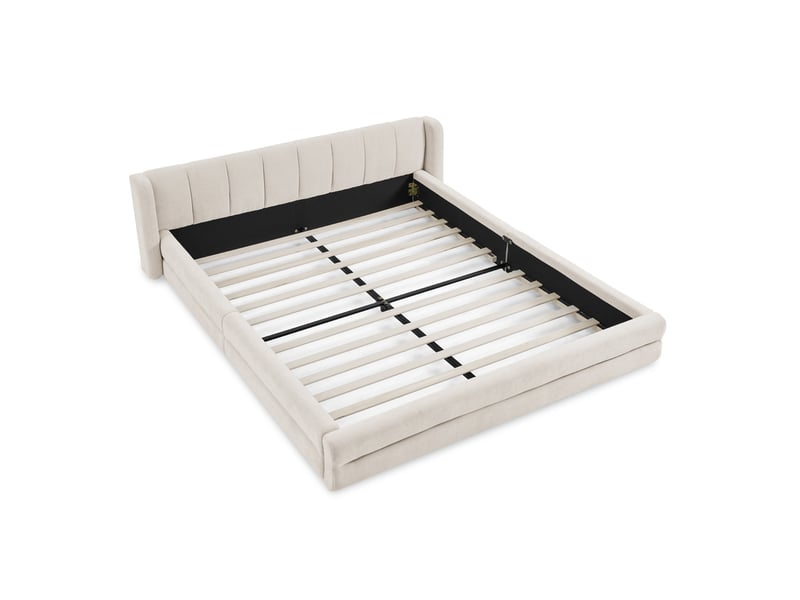  Lit double 160x200, cadre renforcé, tête de lit ergonomique capitonnée, mousse et tissu chenille, beige, sans matelas  - Conforama D