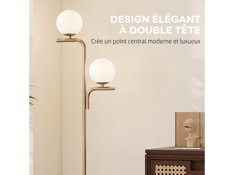  Lampadaire salon doré à 2 globes en verre, 3 températures de lumière, avec ampoules e27 incluses pour séjour  - Conforama D