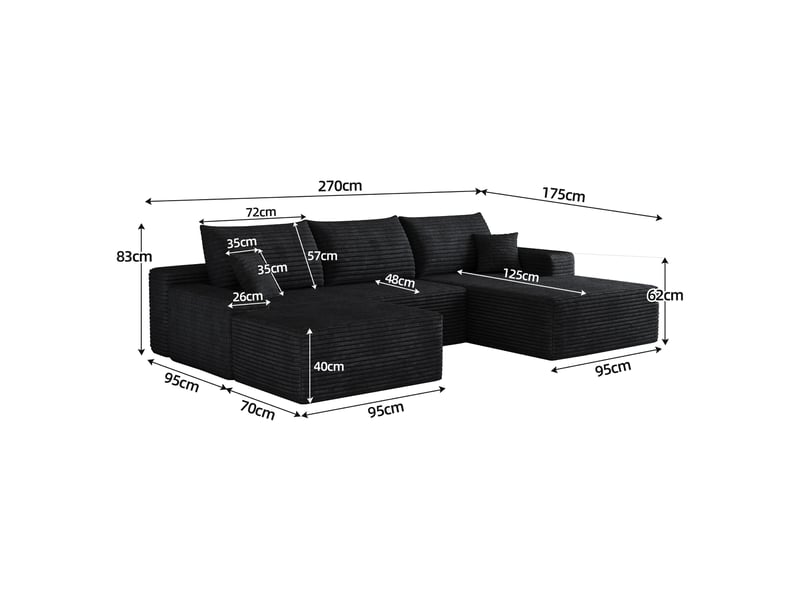  Canapé d’angle modulable,270x175x83 cm,4 places avec méridienne,velours côtelé,noir  - Conforama C
