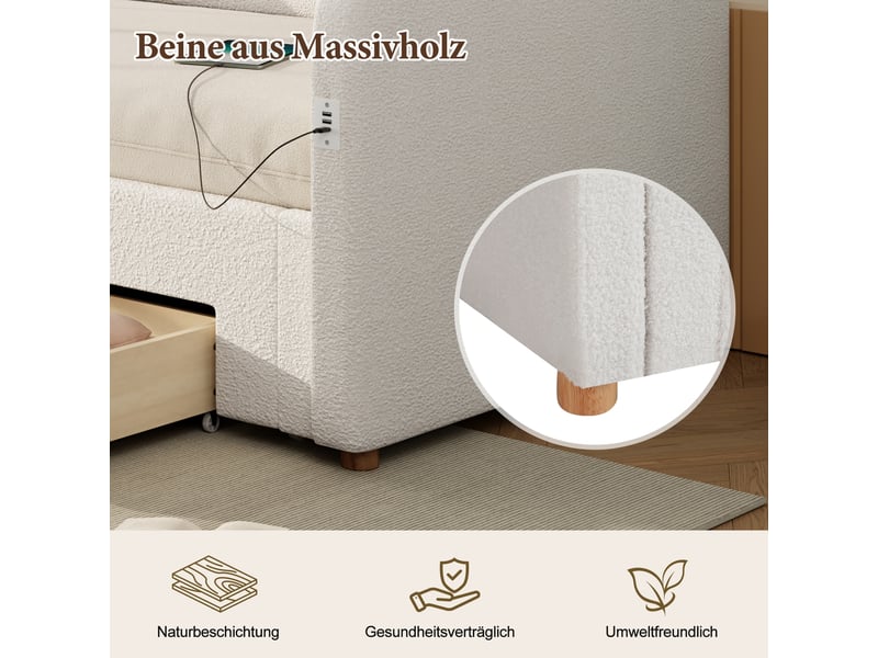  Lit rembourré 90x200 cm, lit de jour, canapé-lit a extensible à 180 cm avec port usb, canapé-lit avec 2 tiroirs de rangement  - Conforama W
