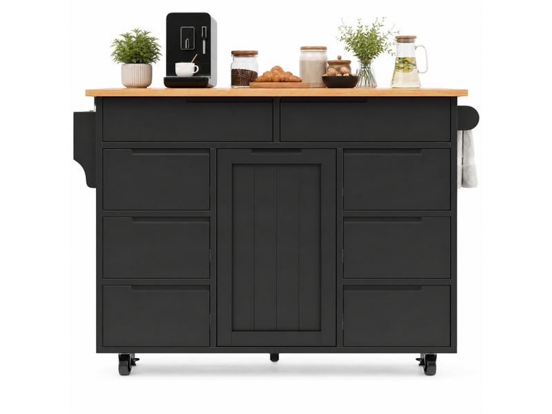  Îlot de cuisine mobile noir en mdf, 8 tiroirs, plateau pliant et roulettes  - Conforama A