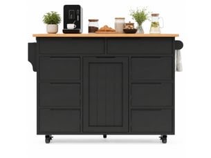 Îlot de cuisine mobile noir en mdf, 8 tiroirs, plateau pliant et roulettes
