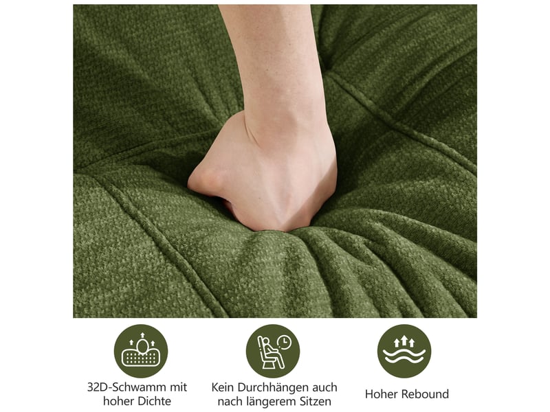  Canapé modulable nuage sans cadre en u 3 places vert, chenille, mousse 32d, configuration libre, avec 2 poufs, sans montage  - Conforama D