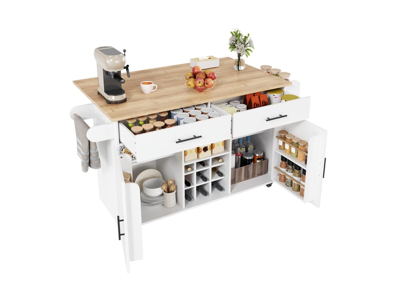Îlot de cuisine mobile à plateau rabattable - desserte 2 portes 2 tiroirs 120x45x84 cm blanc - Conforama A