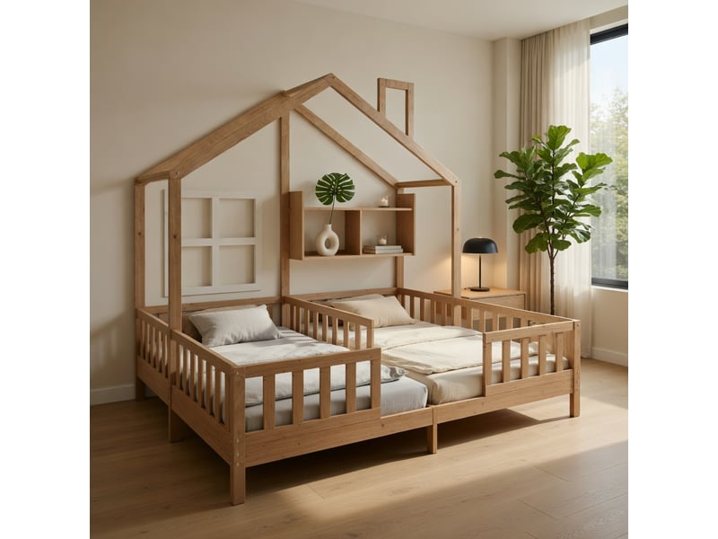  Gutenacht lit maison 90x200 cm bois avec fenêtres, cheminée, led et barrière  - Conforama D