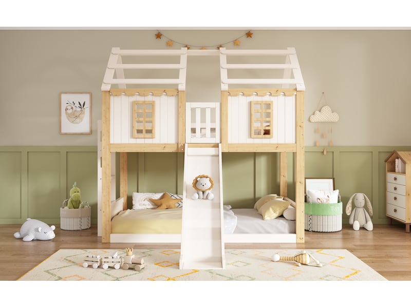 Lit superposé cabane 90x200 cm avec toboggan bois blanc et naturel evarich - Conforama B