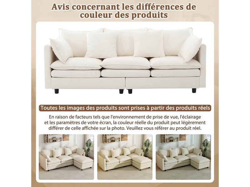  Canapé d'angle en l beige 3 places avec méridienne 212 x 150 x 90 cm chenille et coussins inclus  - Conforama E