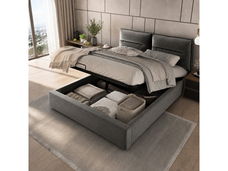  Lit double rembourré 140 x 200 cm avec coffre hydraulique et tête de lit réglable, velours gris, sommier à lattes Fay Lum - Conforama B