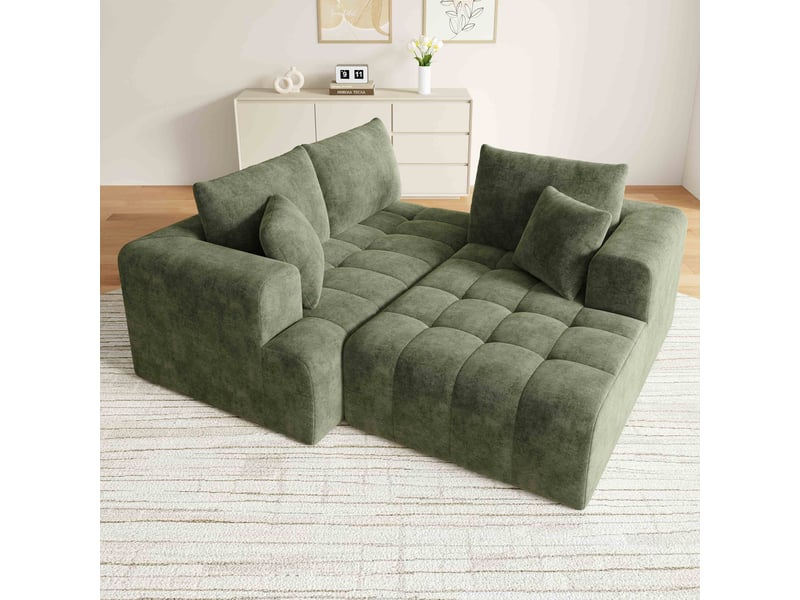  Canapé d'angle modulable 3 places 244.5x136x79 cm, canapé nuage sans structure, tissu chenille, design bas, coussins inclus - vert  - Conforama E