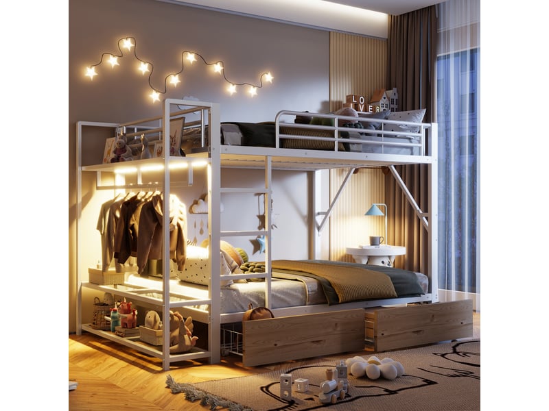  Lit superpose 140x200 cm avec bande lumineuse led et 2 tiroirs, lit enfant avec tringle à vêtements, lit 2 personnes en blanc  - Conforama A