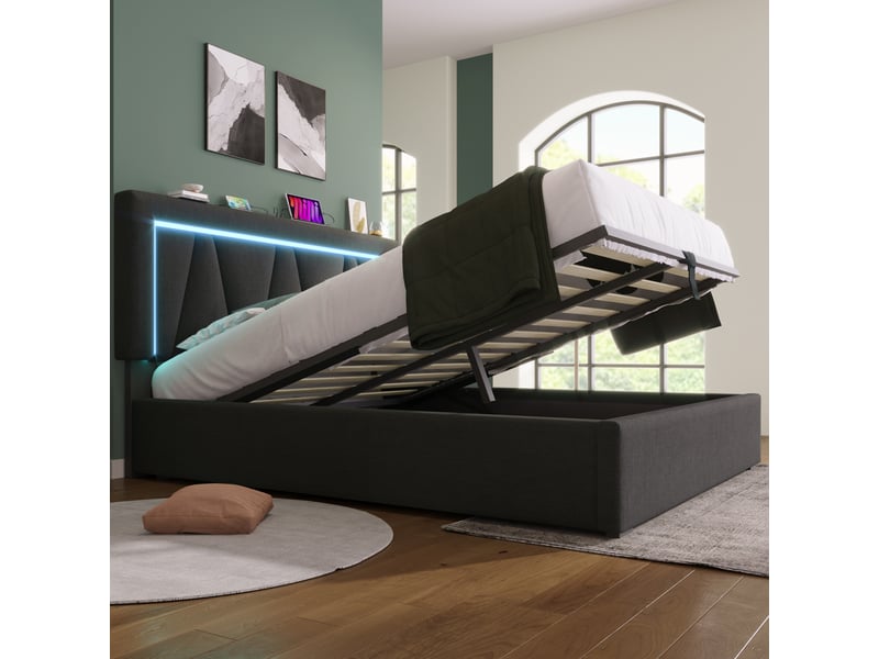  Lit double avec led, usb et type-c, coffre de rangement, tête de lit réglable pour chambre, 160x200 cm, gris  - Conforama D