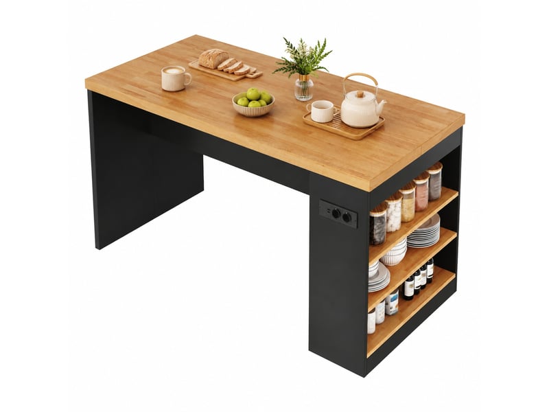  Îlot de cuisine 155x80x90 cm avec led, prises et 3 étagères ouvertes, noir et naturel  - Conforama A