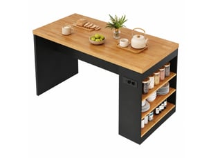 Îlot de cuisine 155x80x90 cm avec led, prises et 3 étagères ouvertes, noir et naturel