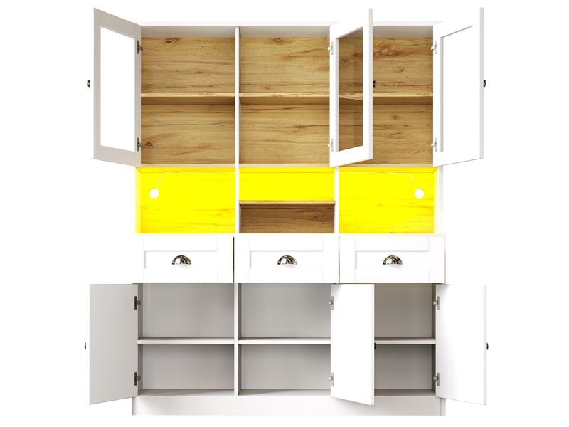  Buffet cuisine l140xp40xh175, étagères ajustables buffet, portes vitrées, led intégrées, couleurs variables, structure mdf bicolore  - Conforama A