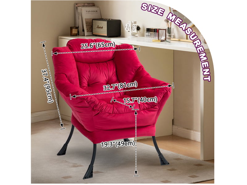  Fauteuil relax en velours rouge brique avec cadre métallique et poche latérale  - Conforama C