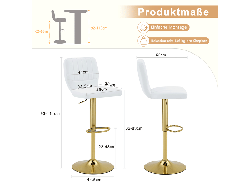  Tabouret de bar lot de 2 pivotant 360° réglable en hauteur avec dossier et repose-pieds, en pu et métal blanc et doré  - Conforama E