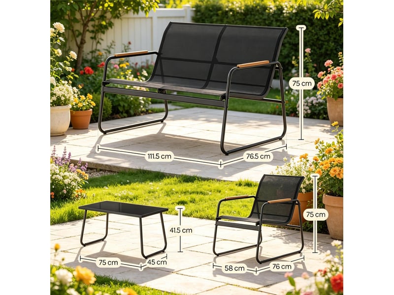  Salon de jardin 4 pièces noir avec table en verre trempé  - Conforama E