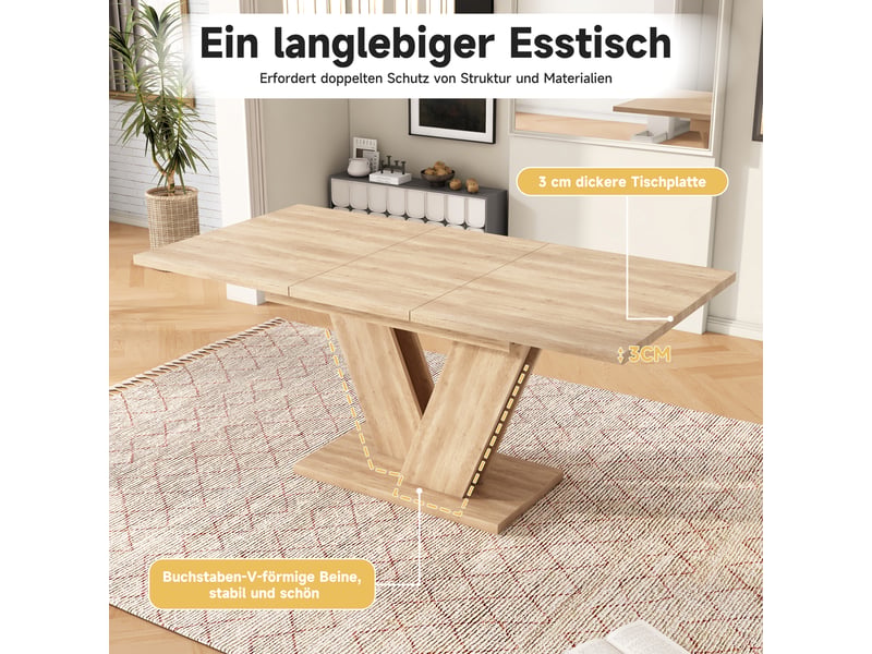  Table à manger extensible effet chêne 140–180 × 80 × 75,5cm, pieds en v, plateau épais  - Conforama E