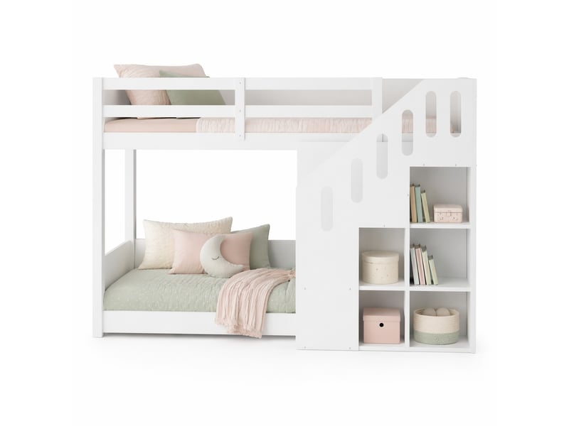  Lit superposé enfant 90x200 cm – blanc – escalier avec rangement, 2 couchages et sommier inclus - sans matelas  - Conforama A