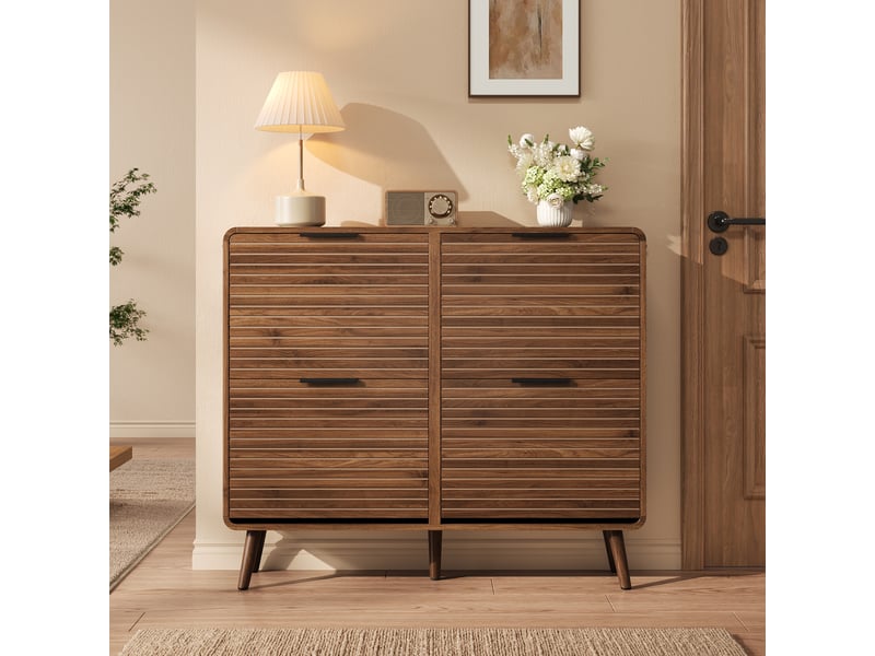  Meuble à chaussures 105 x 24 x 91 cm, 4 abattants pour 18 à 24 paires, armoire d'entrée étroite, façades à lattes, coloris noyer ABC - Conforama E