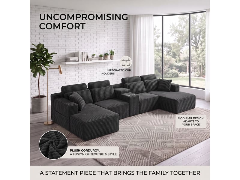  Canapé modulable en u 372 cm, canapé panoramique en velours côtelé, assise profonde, 2 porte-gobelets intégrés  - Conforama C