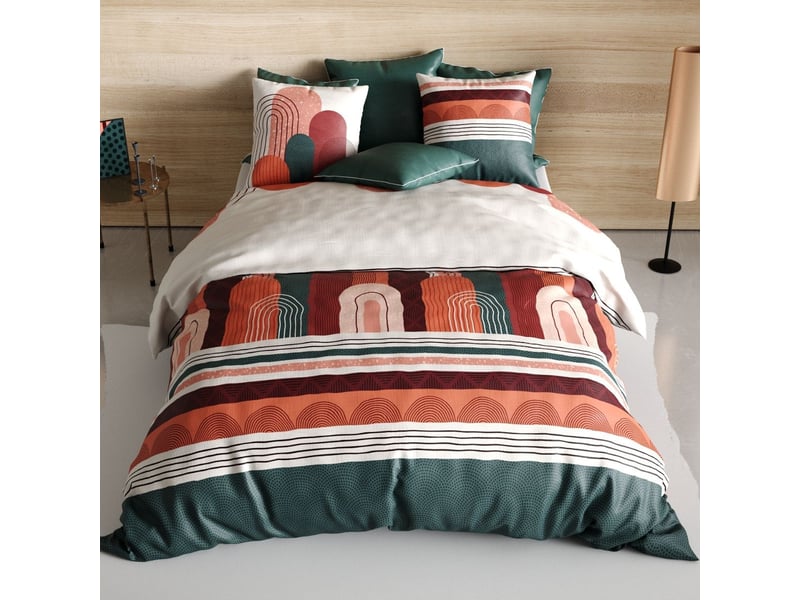  Parure housse de couette 240x220cm + 2 taies motif rétro terracotta et vert 100% coton - olga OLGA - Conforama C