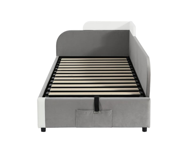 Lit hydraulique rangement 90x200 cm, barrière molle surélevée, pochette pied, velours et contreplaqué gris - Conforama R