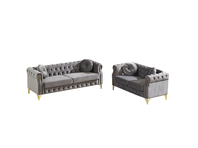  Canapé chesterfield gris en velours, 208,3 x 229,8 x 73,6 cm, pieds en métal, boutons capitonnés, clous dorés  - Conforama A