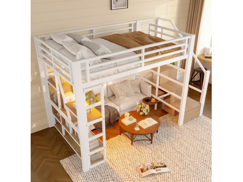  Lit mezzanine 140x200 cm avec étagères, escalier de rangement et led blanc  - Conforama E