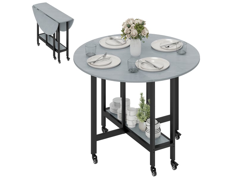  Table de salle à manger pliante à roulettes avec étagère ouverte, idéale pour les petits espaces, gris ciment  - Conforama A