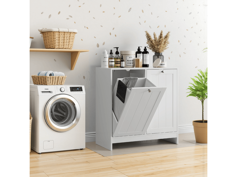 Meuble avec panier à linge 66x33x68 cm, armoire de stockage compacte avec compartiments séparés et poignées intégrées - Conforama B