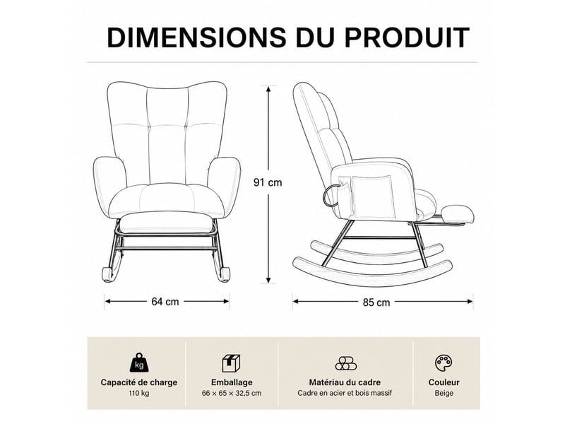 Chaise à bascule ergonomique en tissu chenille beige avec repose‑pieds rétractable, poche de rangement, structure métal et bois massif, charge 120 kg - Conforama E