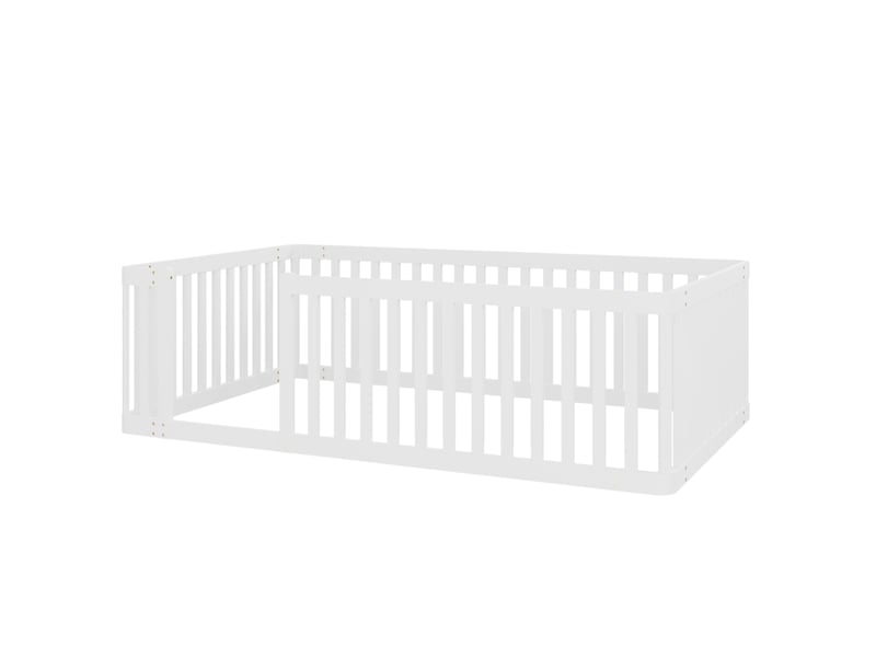  Elvmi lit enfant 90x200 cm avec barrières de sécurité, bois massif de pin blanc, structure basse au sol, sommier à lattes inclus, montage facile avec ouverture latérale pour un accès libre, cadre de lit plateforme pour chambre d…  - Conforama A