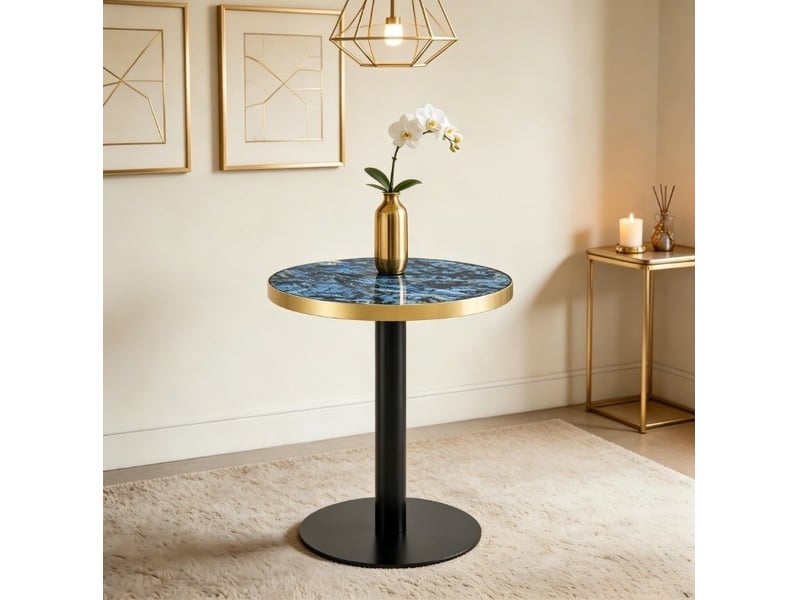  Table de jardin bistrot ronde à pied central stable, plateau aspect marbre bleu, en mdf et métal, diamètre 60 × 73,7 cm  - Conforama B