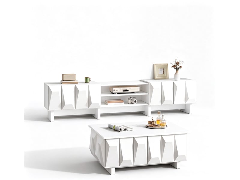  Meuble tv et table basse avec 4 portes, 180 x 34 x 44,5 cm, niche ouverte et façades en relief, panneaux de particules, blanc Morn Vibe - Conforama A
