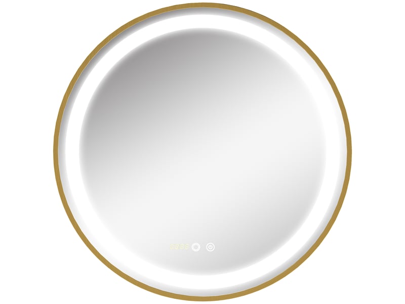 Miroir de salle de bain avec éclairage led tactile, fonction mémoire, luminosité et couleur réglables, et horloge, ø60 x 4 cm, doré - Conforama A