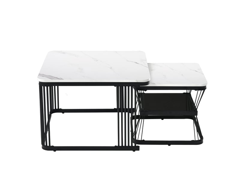  Lot de 2 tables basses gigognes 65x65 cm et 45x45 cm en mdf effet marbre blanc brillant avec pieds en acier noir mat  - Conforama A