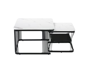 Lot de 2 tables basses gigognes 65x65 cm et 45x45 cm en mdf effet marbre blanc brillant avec pieds en acier noir mat