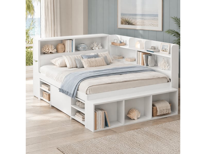 Lit enfant 140x200 cm avec tiroir, bibliothèques et rangements, blanc - Conforama D